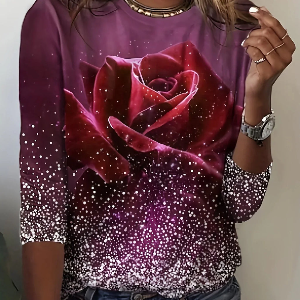Rundhals-T-Shirt Mit Rosen-Print, Lässiges Langarm-Top Für Frühling Und Herbst, Damenbekleidung | tif-shop24.de