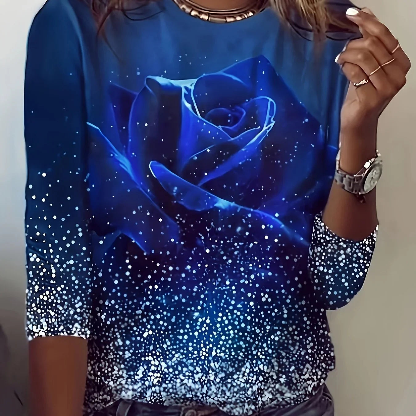 Rundhals-T-Shirt Mit Rosen-Print, Lässiges Langarm-Top Für Frühling Und Herbst, Damenbekleidung | tif-shop24.de