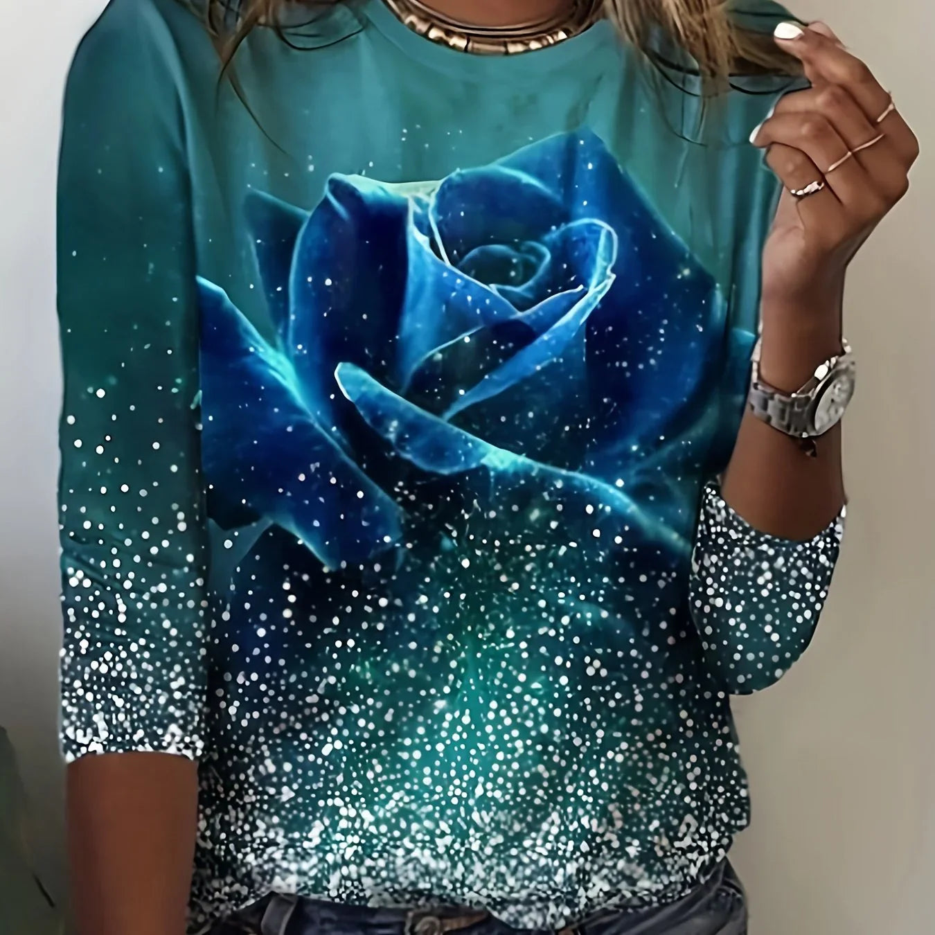 Rundhals-T-Shirt Mit Rosen-Print, Lässiges Langarm-Top Für Frühling Und Herbst, Damenbekleidung | tif-shop24.de