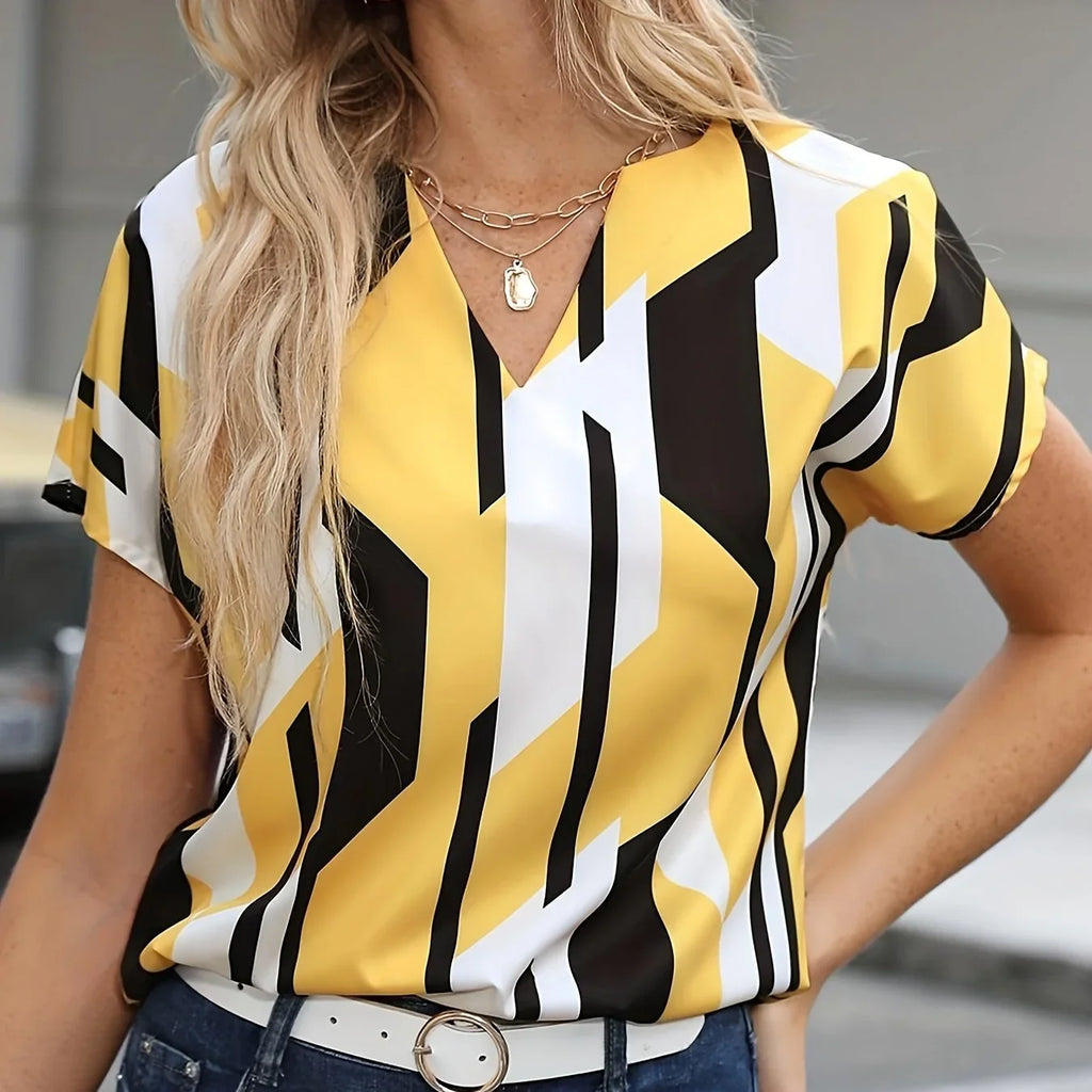 Color Block Graphic Print Bluse Notched Neck Casual Kurzarm Bluse | tif-shop24.de