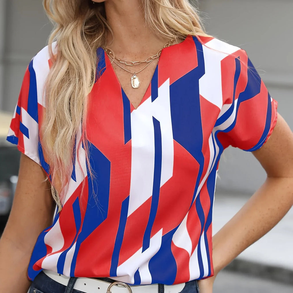 Color Block Graphic Print Bluse Notched Neck Casual Kurzarm Bluse | tif-shop24.de