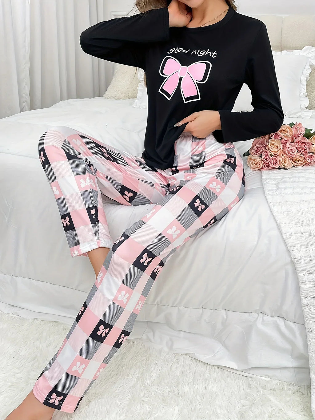Bow Print Langarm-Crew-Neck-Top & Karohose Pyjama - tif-shop24.de
