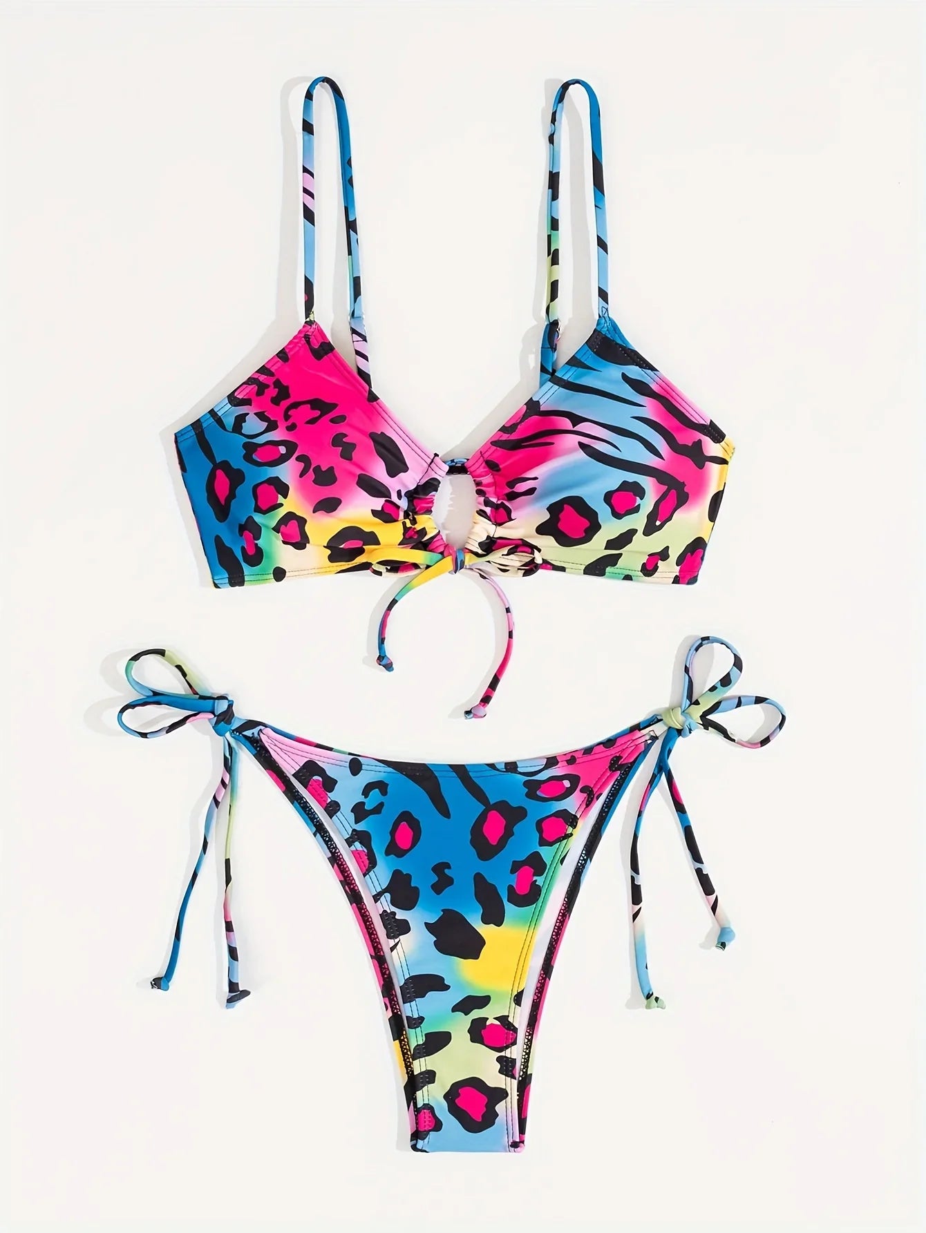 Bunter Leopard-Zebra-Druck, Seitlich Gebundener 2-teiliger Bikini, Ausgehöhlte, Dehnbare Badeanzüge Mit Spaghettiträgern - tif-shop24.de