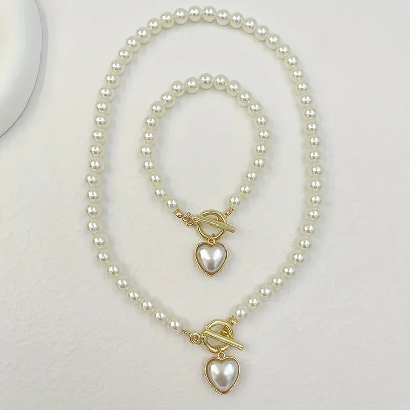 Halskette + Armband Schickes Schmuckset Edle OT-Schnalle Und Süßes Herzdesign Aus Milchigem Stein 14 Karat Vergoldet Valentinstag Geschenk - tif-shop24.de