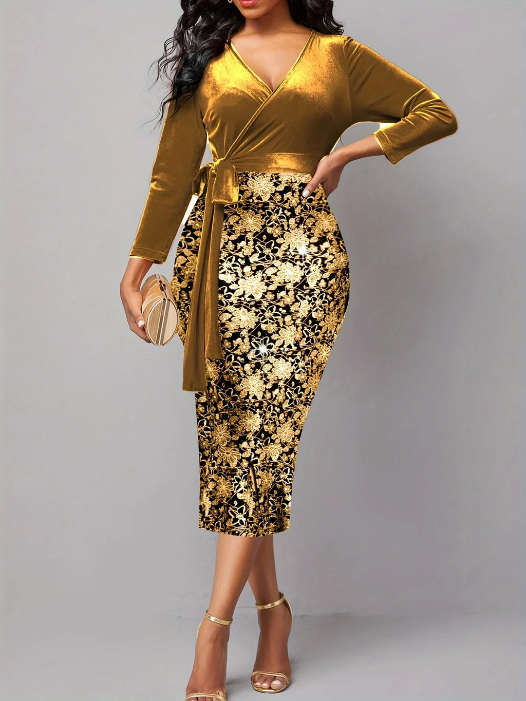 Florales Print Etuikleid, Elegantes Langarm-Surplice-Neck-Kleid | tif-shop24.de