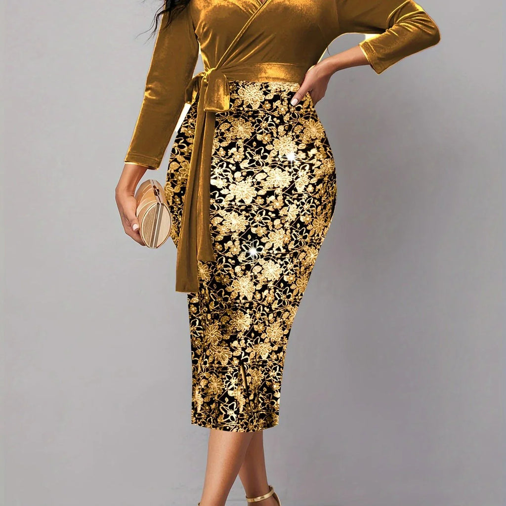 Florales Print Etuikleid, Elegantes Langarm-Surplice-Neck-Kleid | tif-shop24.de