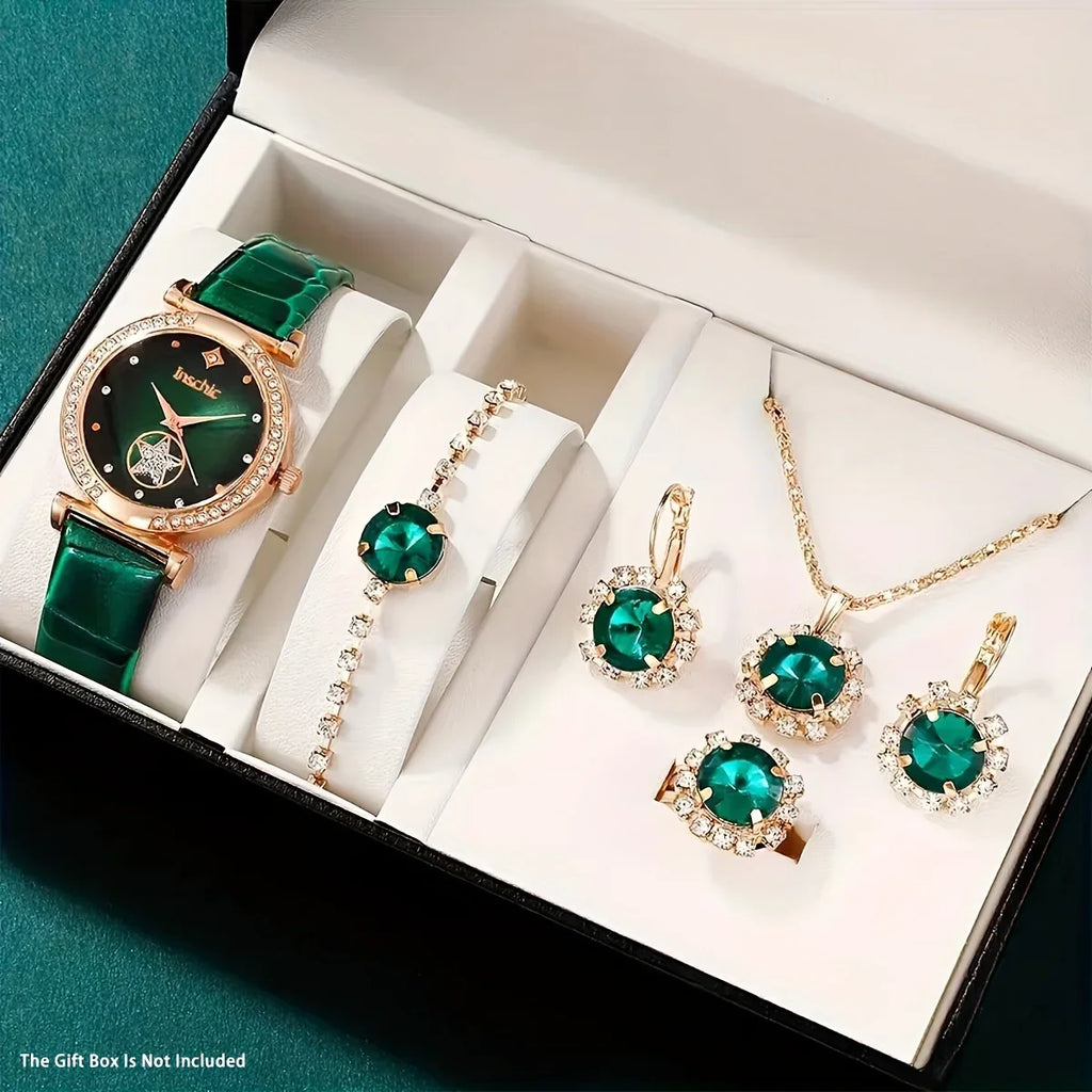 6pcs Set Damen Luxus Strass Quarzuhr & Schmuck-Set — Vintage Star Analog Armbanduhr mit Halskette, Armband, Ohrringen und Ring | tif-shop24.de