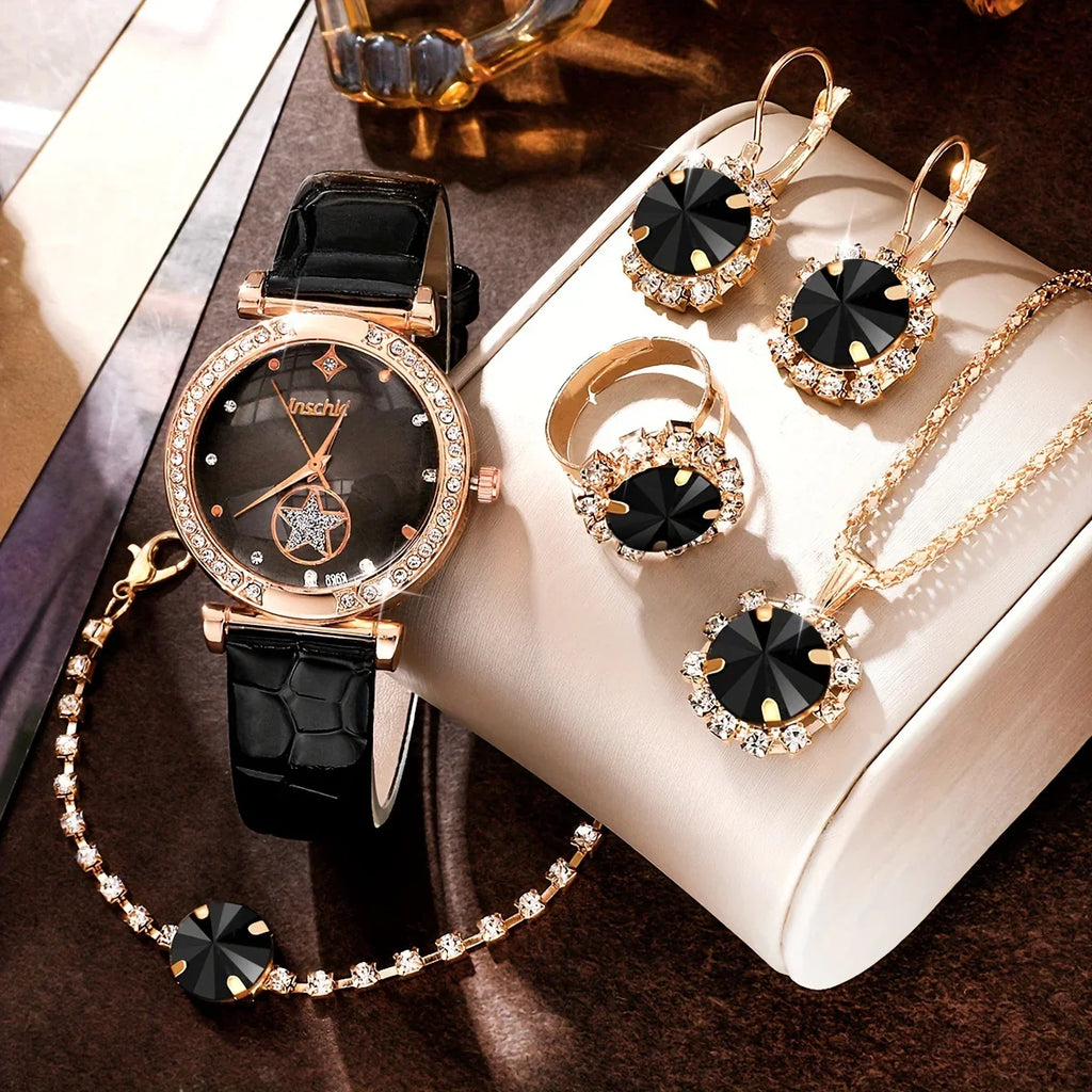 6pcs Set Damen Luxus Strass Quarzuhr & Schmuck-Set — Vintage Star Analog Armbanduhr mit Halskette, Armband, Ohrringen und Ring - tif-shop24.de