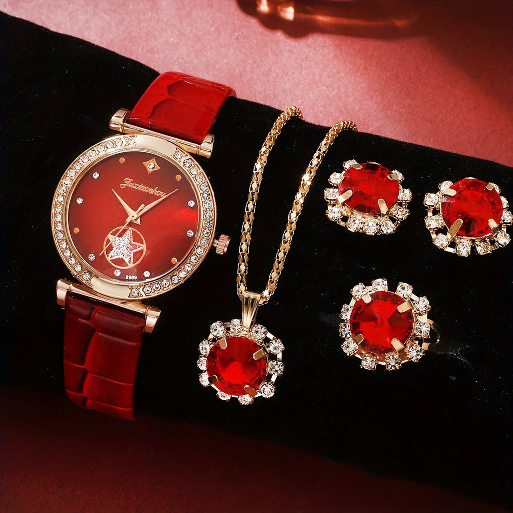 6pcs Set Damen Luxus Strass Quarzuhr & Schmuck-Set — Vintage Star Analog Armbanduhr mit Halskette, Armband, Ohrringen und Ring | tif-shop24.de
