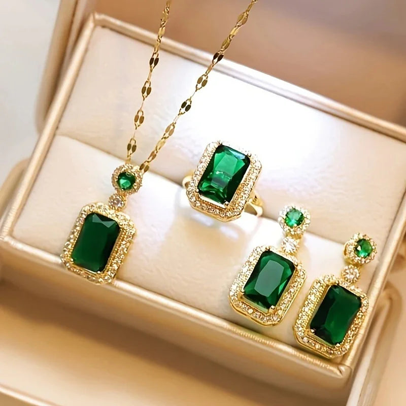 Halskette +Ring + 1Paar Ohrringe Elegant Schmuck Set Mit Eingelassenem Smaragd Strass In Rechteckiger Form Party Zubehör Valentinstag Geschenk Ohne Box | tif-shop24.de