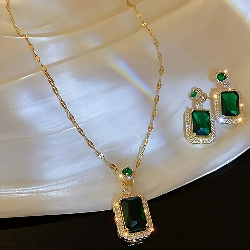 Halskette +Ring + 1Paar Ohrringe Elegant Schmuck Set Mit Eingelassenem Smaragd Strass In Rechteckiger Form Party Zubehör Valentinstag Geschenk Ohne Box | tif-shop24.de