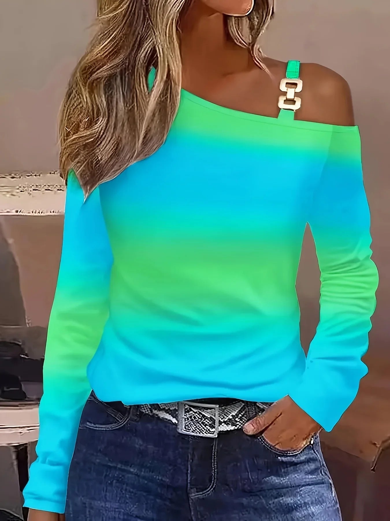 Asymmetrisches Schulter-T-Shirt Mit Batikmuster, Lässiges Langarm-Kettenträger-Top | tif-shop24.de