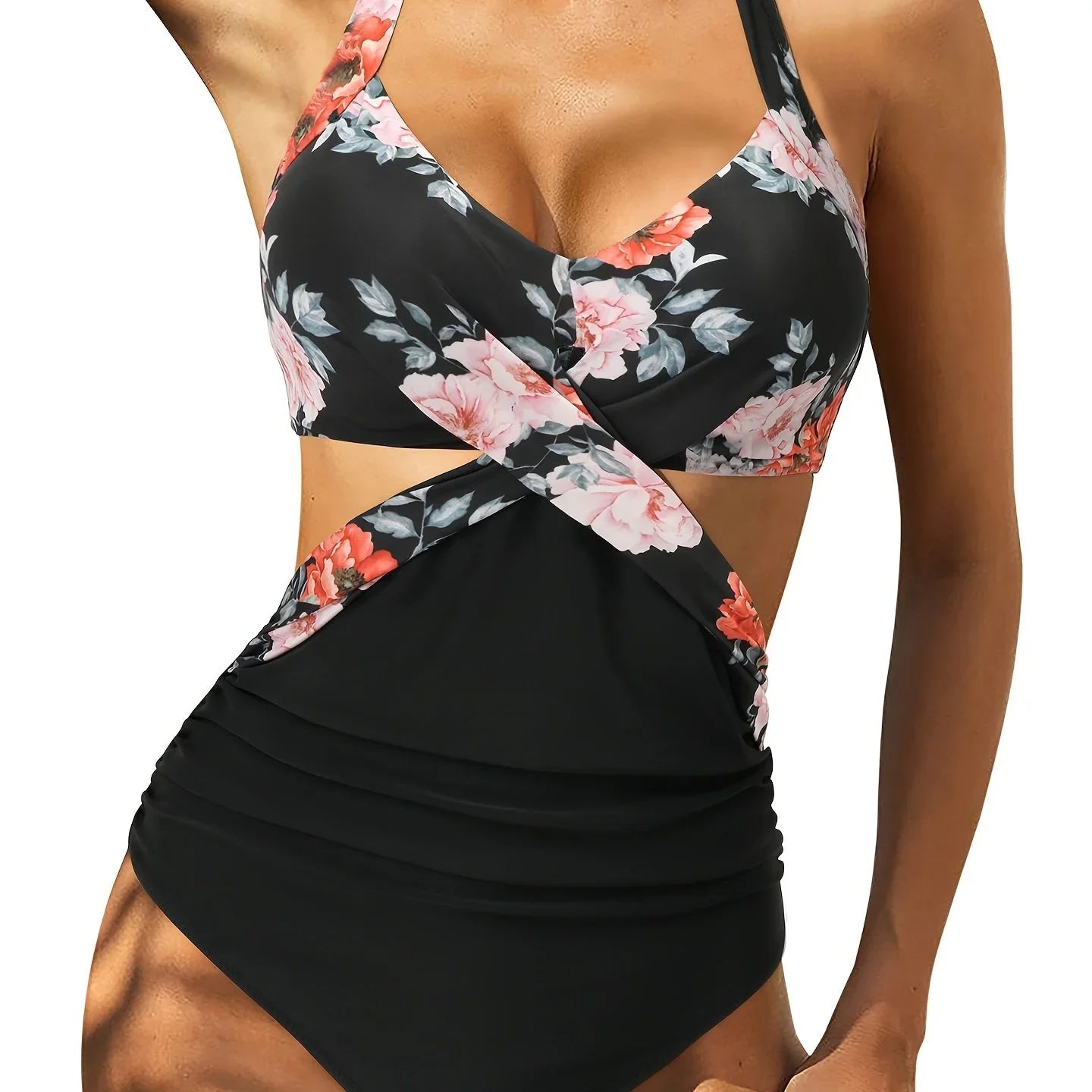 Einteiliger Badeanzug Mit Zufälligem Aufdruck, Kreuz Und Quer, Ausgeschnittener Badeanzug Mit Raffhalter, Farbblock Und Hohem Schnitt - tif-shop24.de