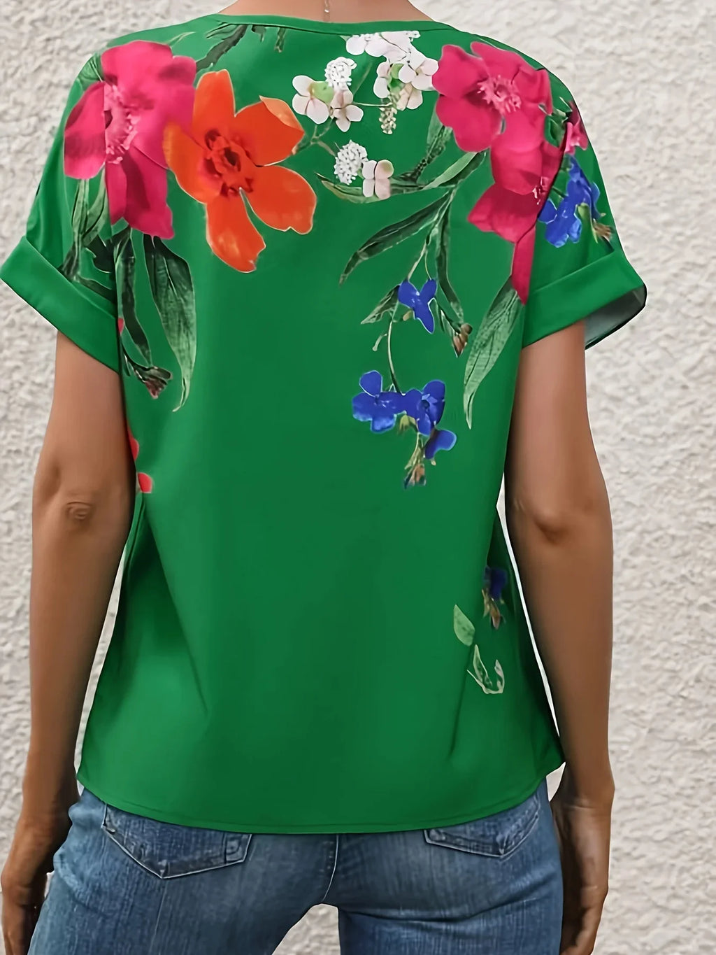 Floral Print Crew Neck Lässige Kurzarm Bluse - tif-shop24.de