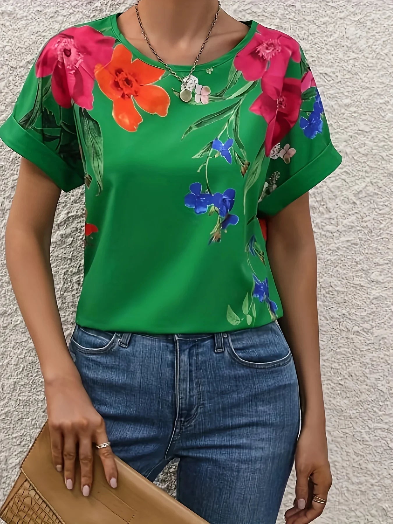 Floral Print Crew Neck Lässige Kurzarm Bluse | tif-shop24.de