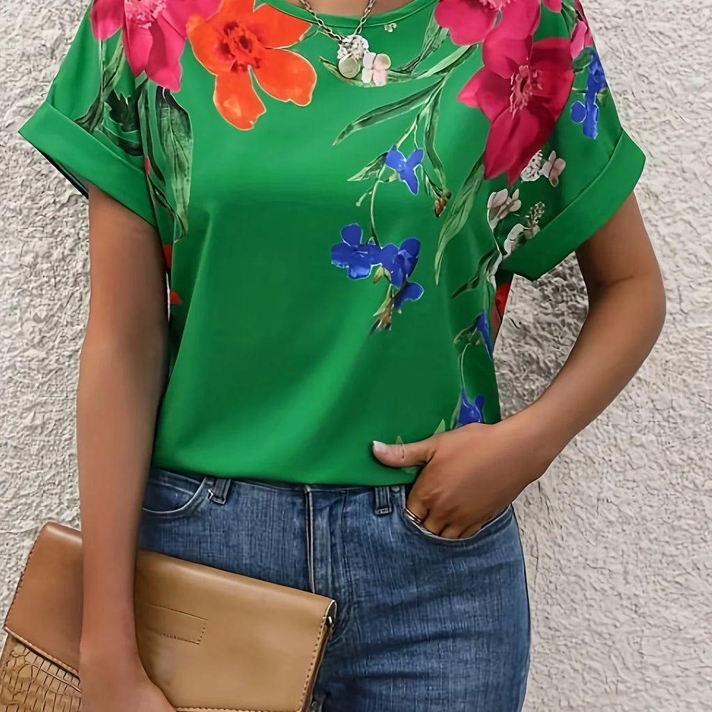Floral Print Crew Neck Lässige Kurzarm Bluse | tif-shop24.de