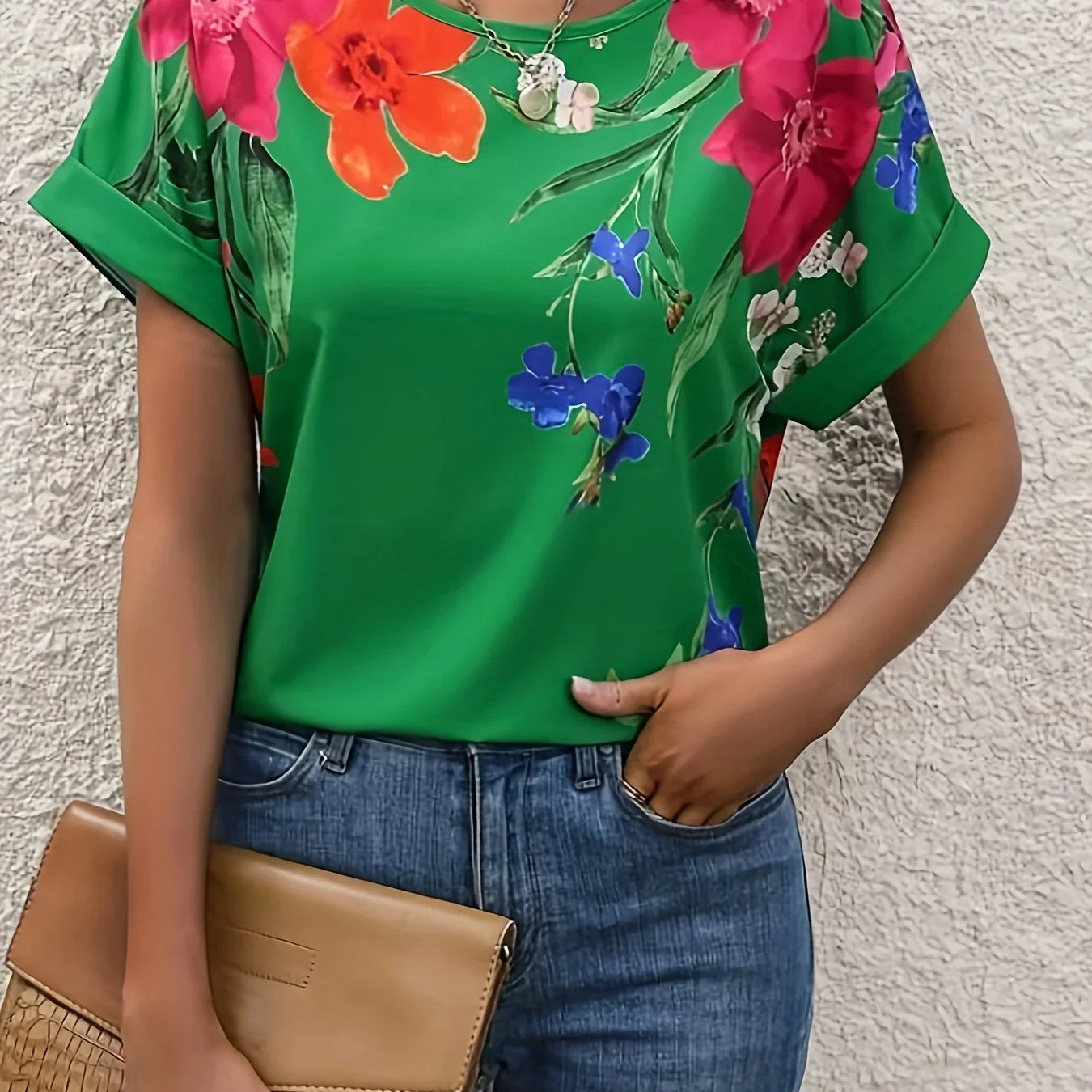 Floral Print Crew Neck Lässige Kurzarm Bluse | tif-shop24.de