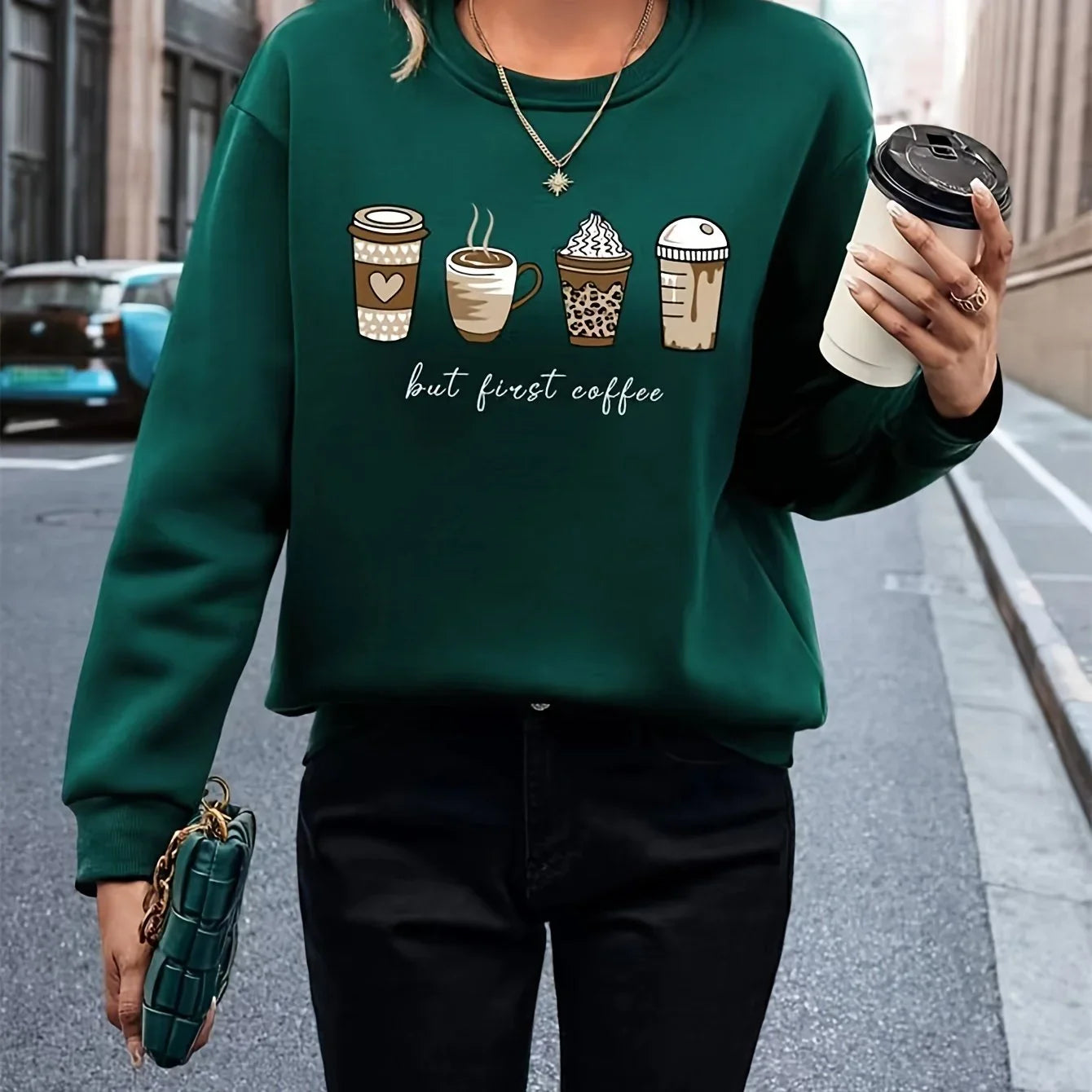 Mit Kaffee Und Buchstabendruck Lässiges Langarm Mit Rundhalsausschnitt Sweatshirt | tif-shop24.de