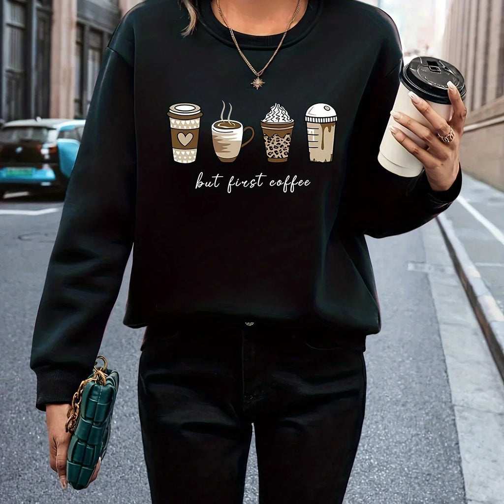 Mit Kaffee Und Buchstabendruck Lässiges Langarm Mit Rundhalsausschnitt Sweatshirt - tif-shop24.de