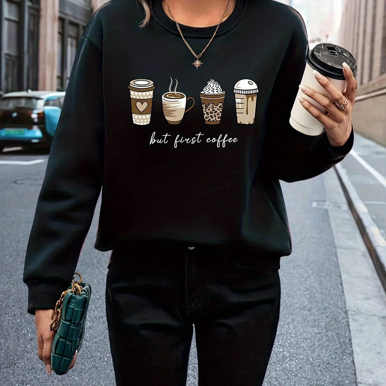 Mit Kaffee Und Buchstabendruck Lässiges Langarm Mit Rundhalsausschnitt Sweatshirt - tif-shop24.de