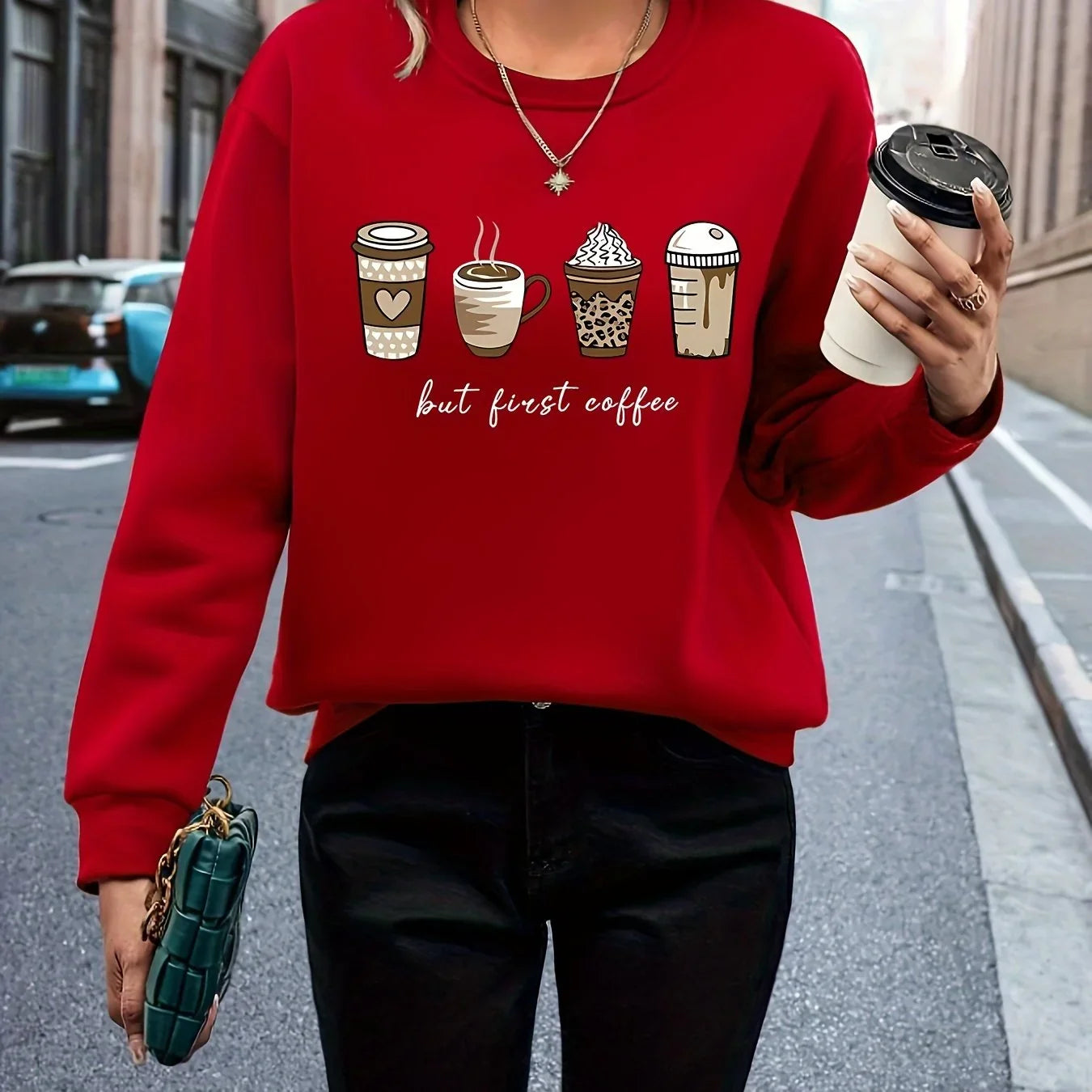 Mit Kaffee Und Buchstabendruck Lässiges Langarm Mit Rundhalsausschnitt Sweatshirt | tif-shop24.de