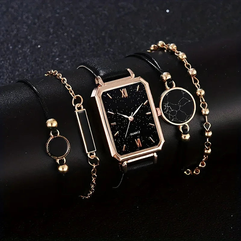 5er Vintage Rechteck-Quarzuhr-Set mit PU-Lederarmbändern – Geschenk für Damen | tif-shop24.de