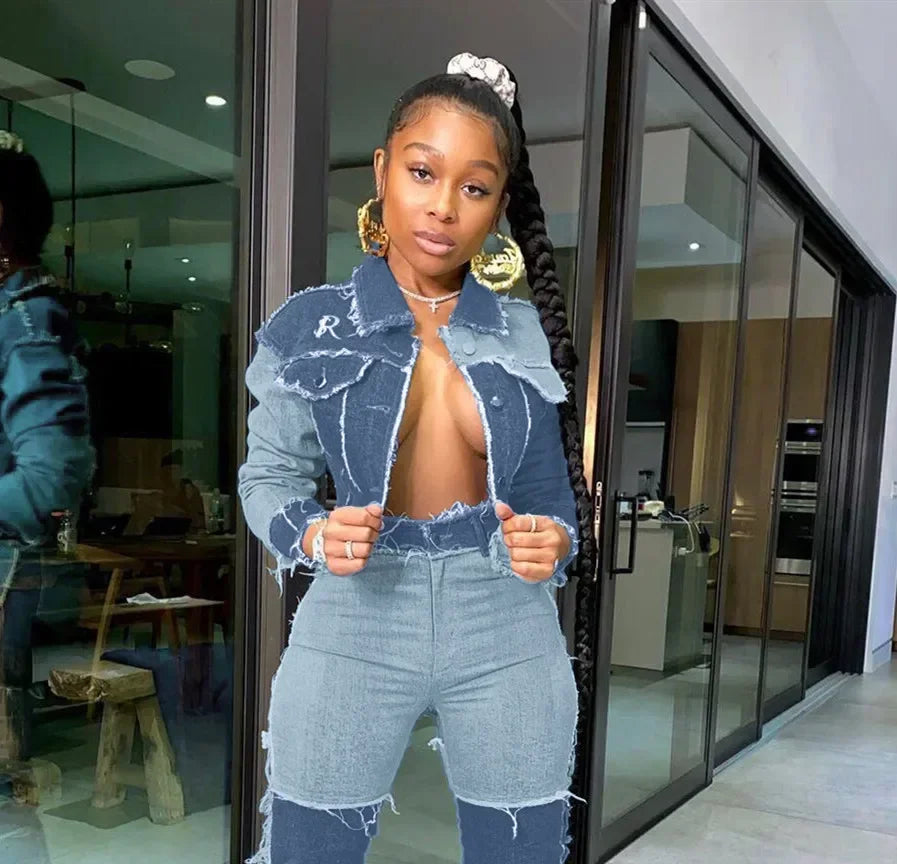 Denim Jacke Streetwear - Patchwork Jeans Coat Damen | tif-shop24.de