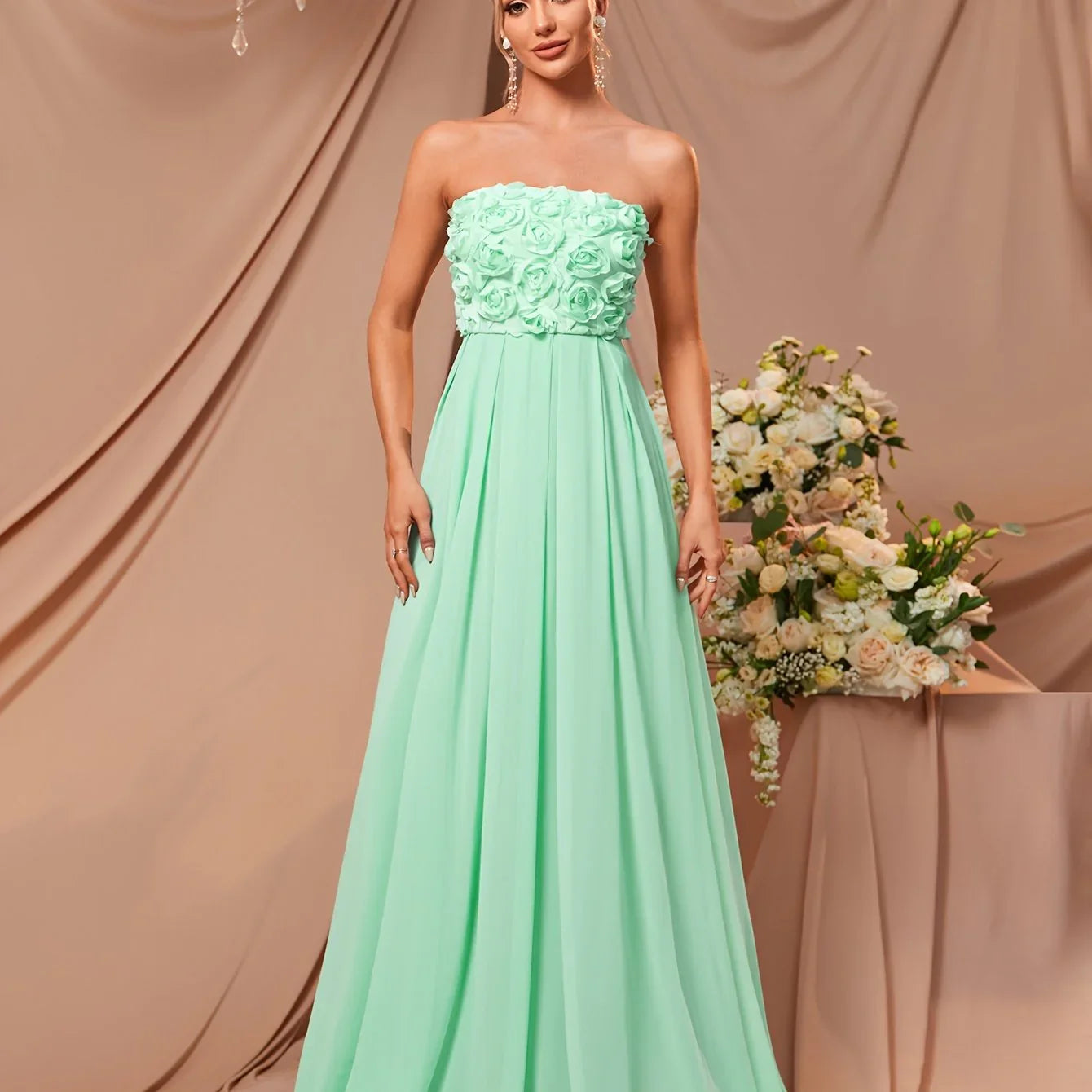 Solid Color Ruffle Hem Hochzeitskleid Elegantes 3D-Blumendekor Off-Shoulder-Ärmelloses Kleid - tif-shop24.de