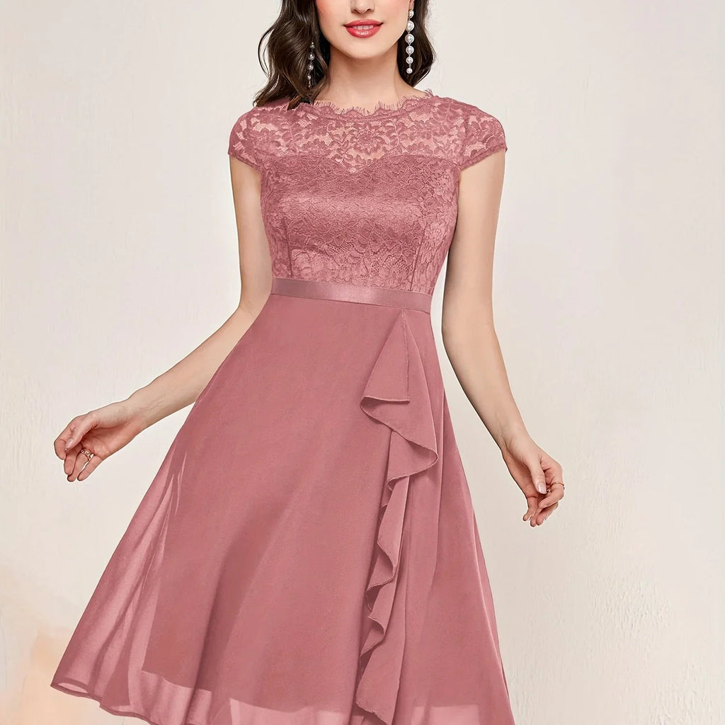 Kontrast Spitze Rüschenbesatz Elegantes Einfarbiges Rundhals Kurzarm Hochzeitskleid | tif-shop24.de
