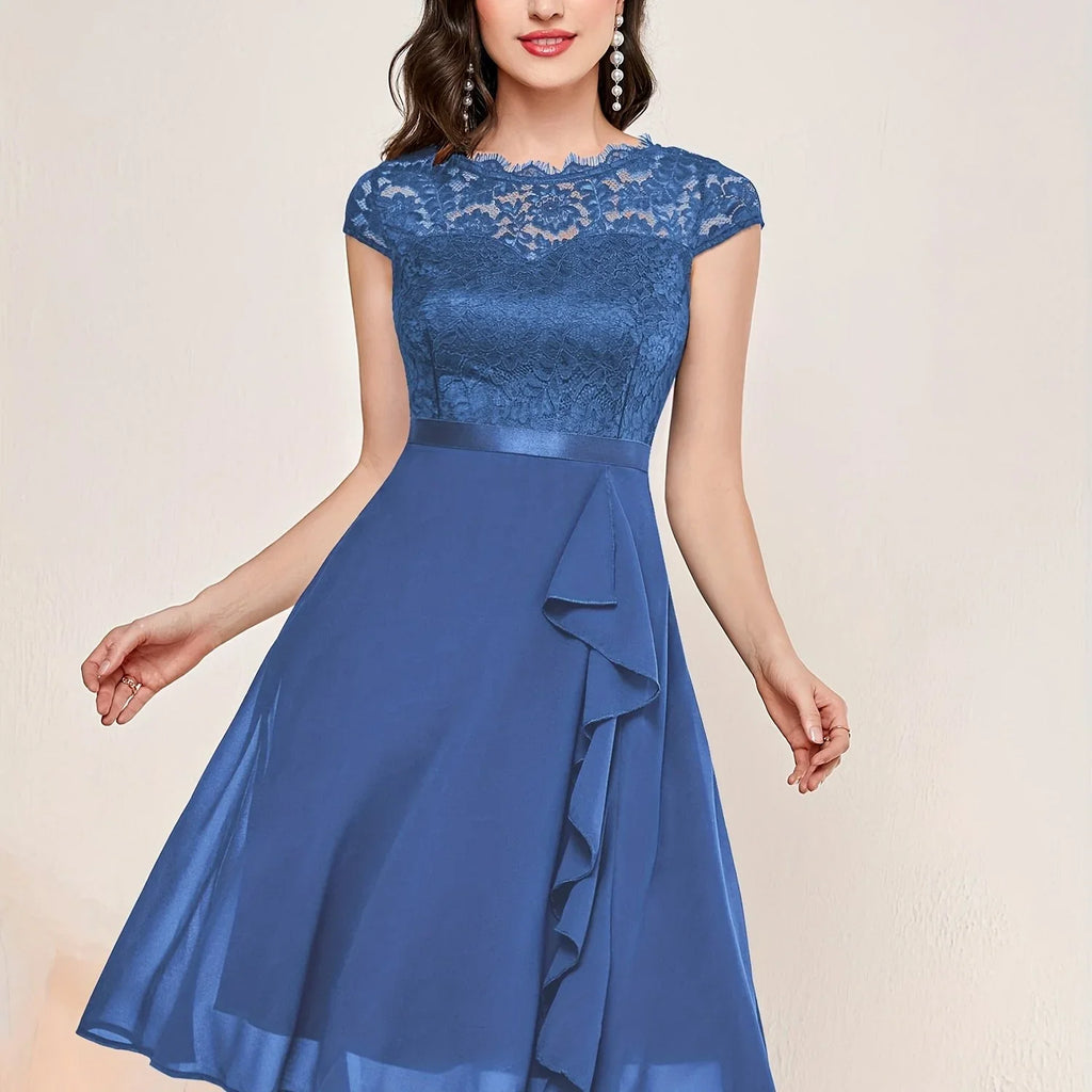 Kontrast Spitze Rüschenbesatz Elegantes Einfarbiges Rundhals Kurzarm Hochzeitskleid | tif-shop24.de