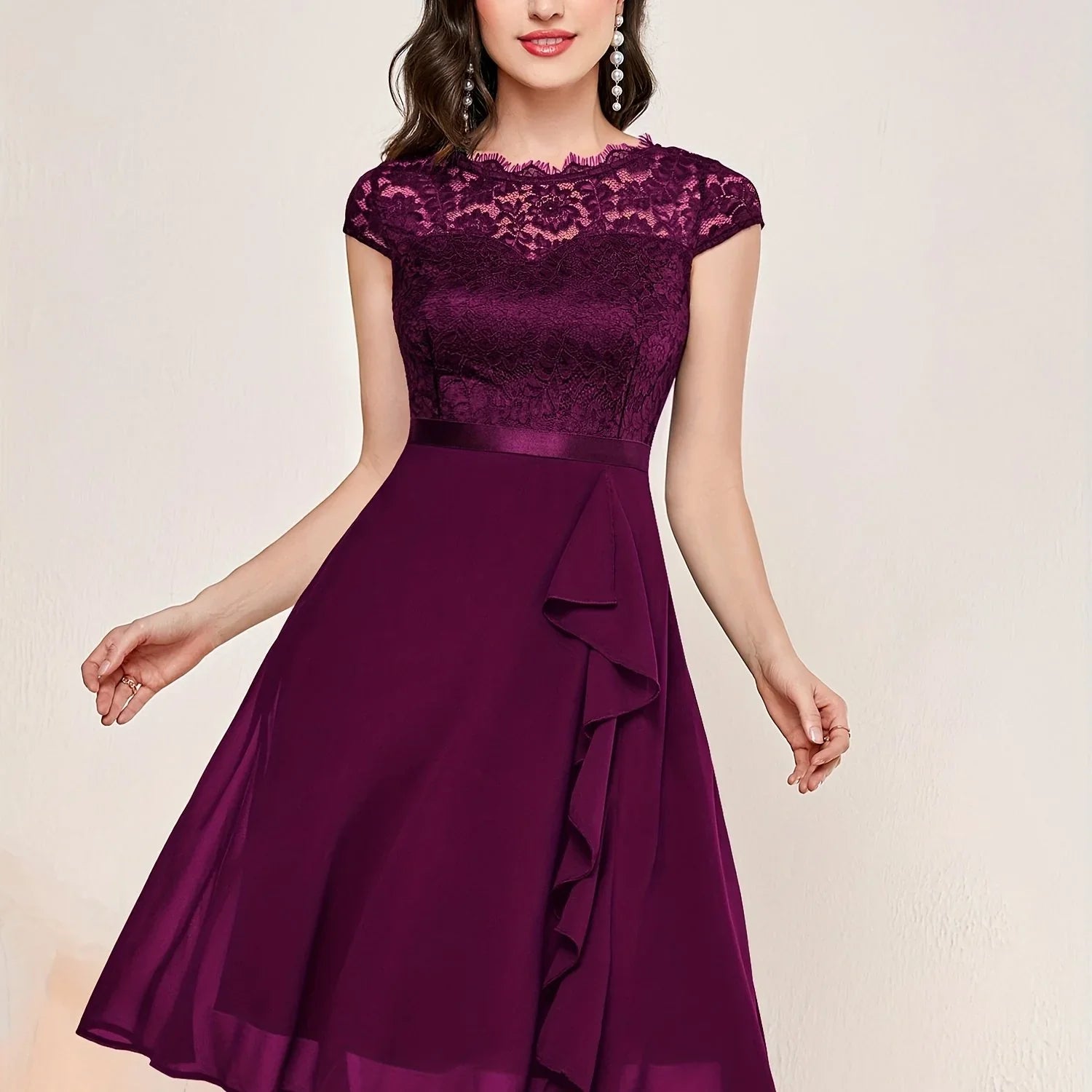 Kontrast Spitze Rüschenbesatz Elegantes Einfarbiges Rundhals Kurzarm Hochzeitskleid | tif-shop24.de