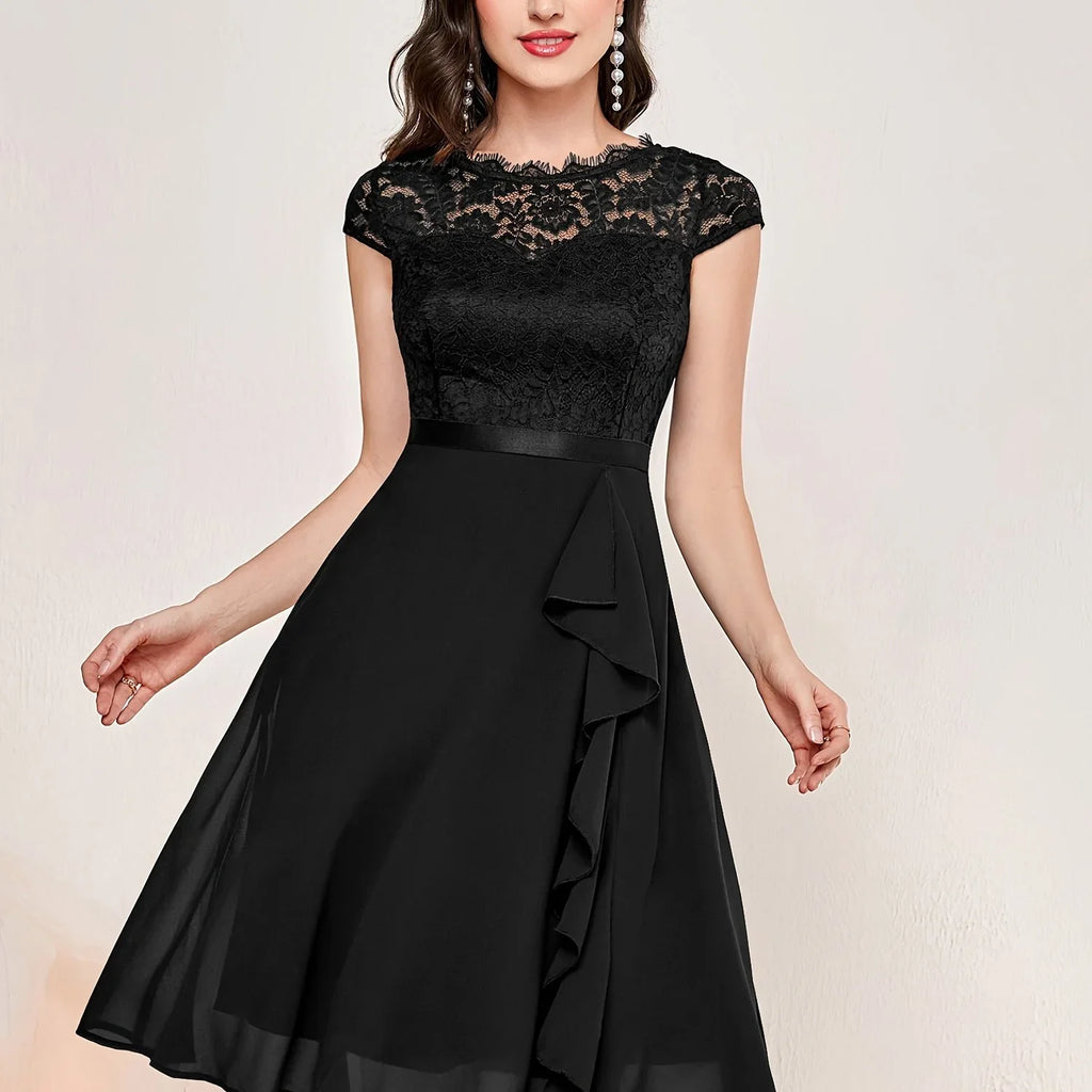 Kontrast Spitze Rüschenbesatz Elegantes Einfarbiges Rundhals Kurzarm Hochzeitskleid | tif-shop24.de