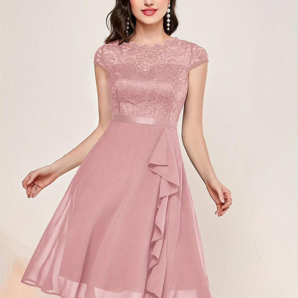Kontrast Spitze Rüschenbesatz Elegantes Einfarbiges Rundhals Kurzarm Hochzeitskleid | tif-shop24.de