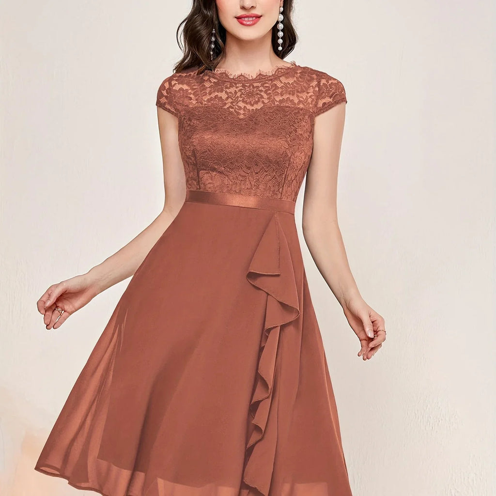 Kontrast Spitze Rüschenbesatz Elegantes Einfarbiges Rundhals Kurzarm Hochzeitskleid | tif-shop24.de