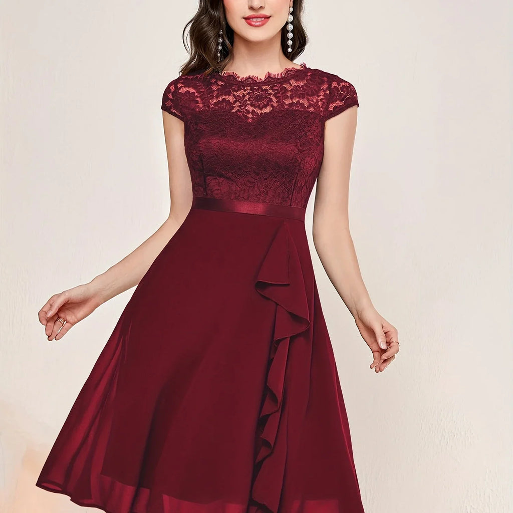 Kontrast Spitze Rüschenbesatz Elegantes Einfarbiges Rundhals Kurzarm Hochzeitskleid | tif-shop24.de