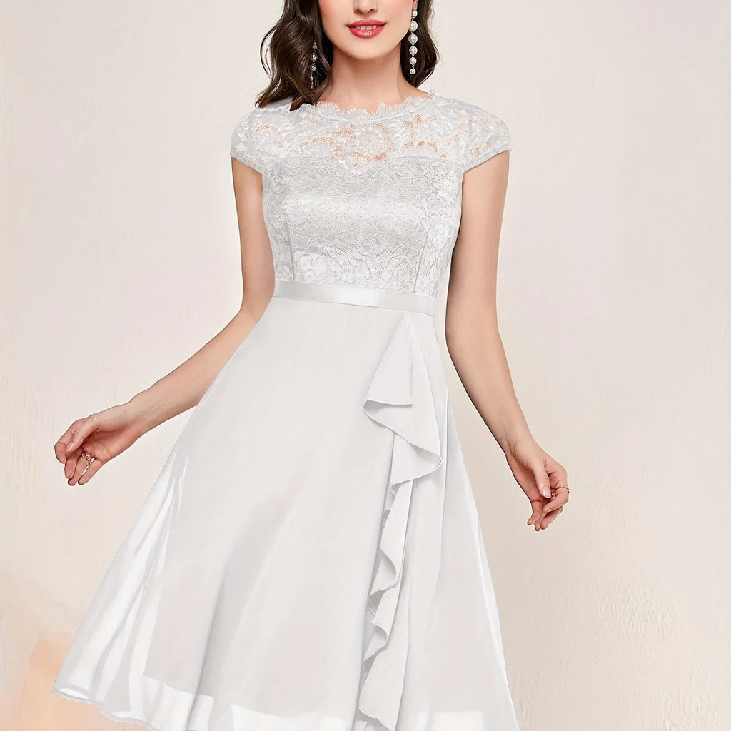 Kontrast Spitze Rüschenbesatz Elegantes Einfarbiges Rundhals Kurzarm Hochzeitskleid | tif-shop24.de