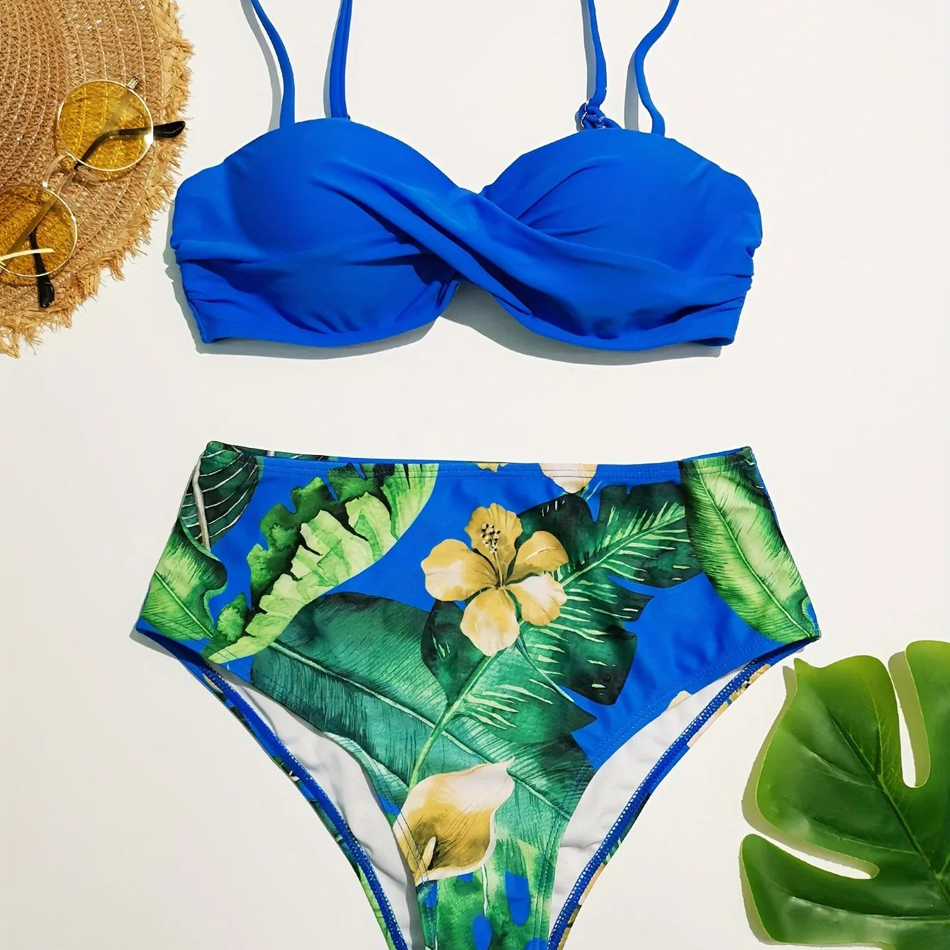 Twisted Centre Core Ruched Fabrics Underwire Push Up Tie Back Bra Top, Floral & Plant Leaf Print High Waist Tummy Control Two Piece Bikini Swimsuit - tif-shop24.de