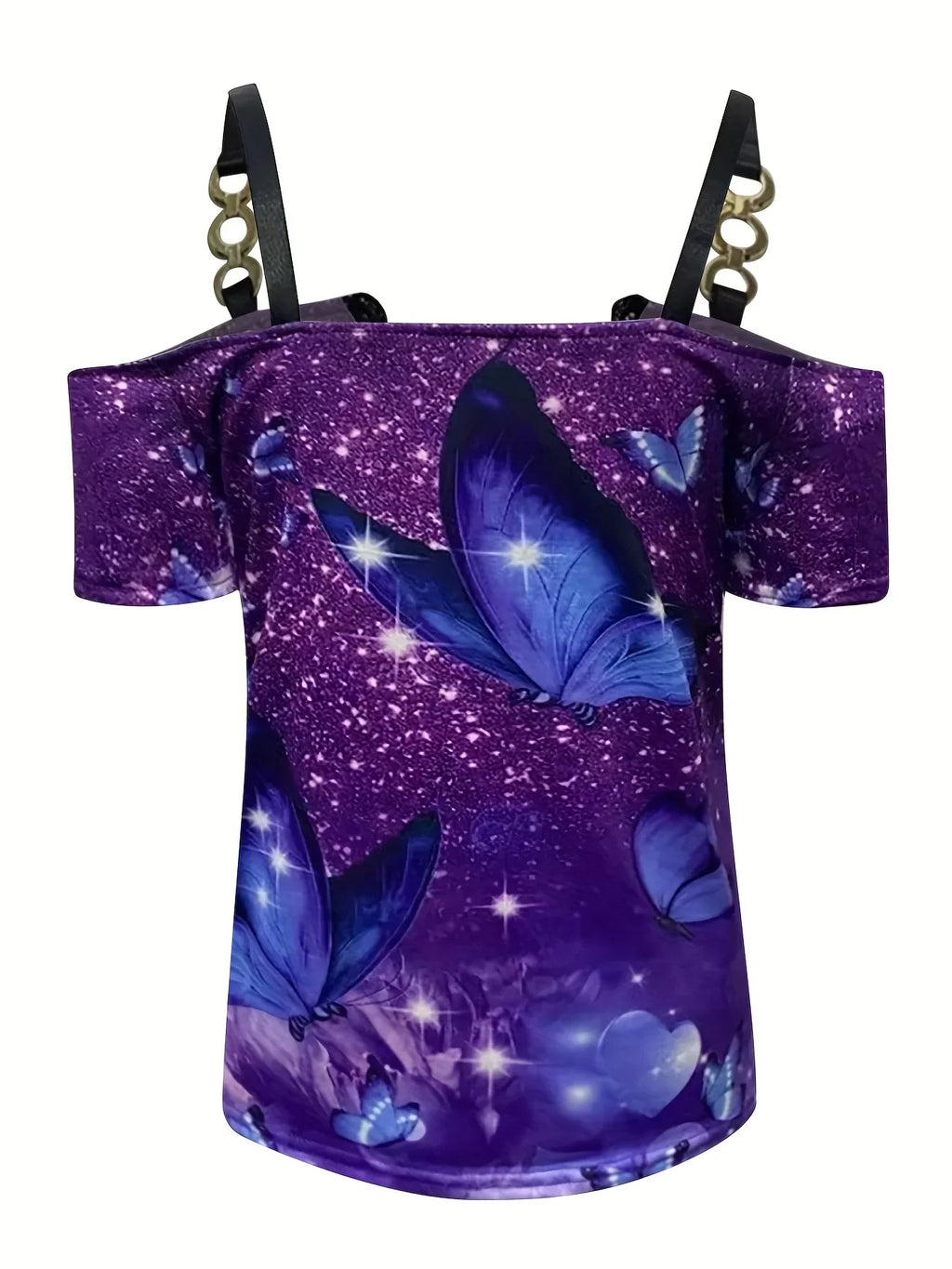 Kaltes Schulter-T-Shirt mit Schmetterlingsdruck, lässiges Spitzen-Kontrast-Kettenriemen-T-Shirt für Frühling und Sommer - tif-shop24.de
