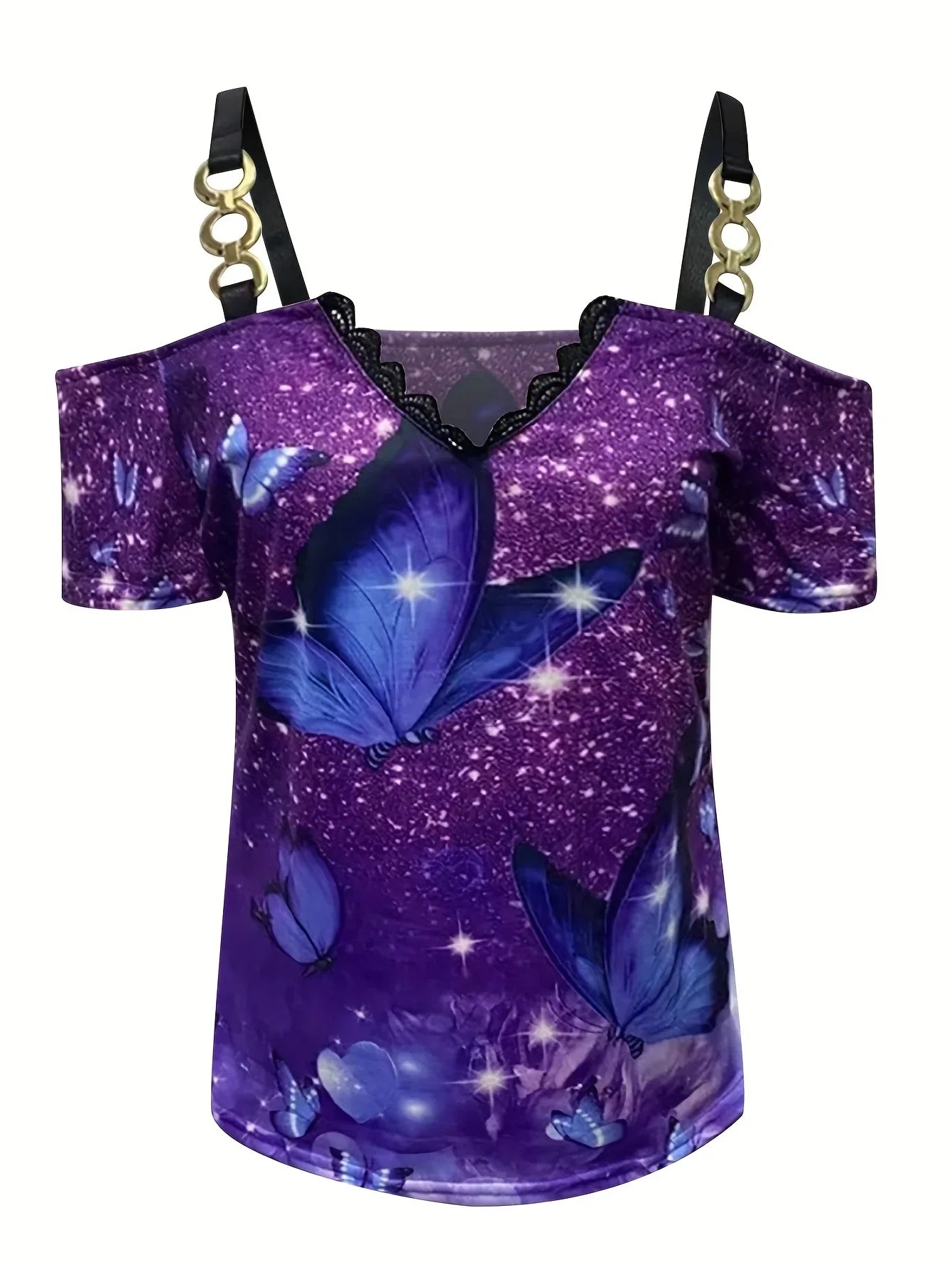 Kaltes Schulter-T-Shirt mit Schmetterlingsdruck, lässiges Spitzen-Kontrast-Kettenriemen-T-Shirt für Frühling und Sommer - tif-shop24.de