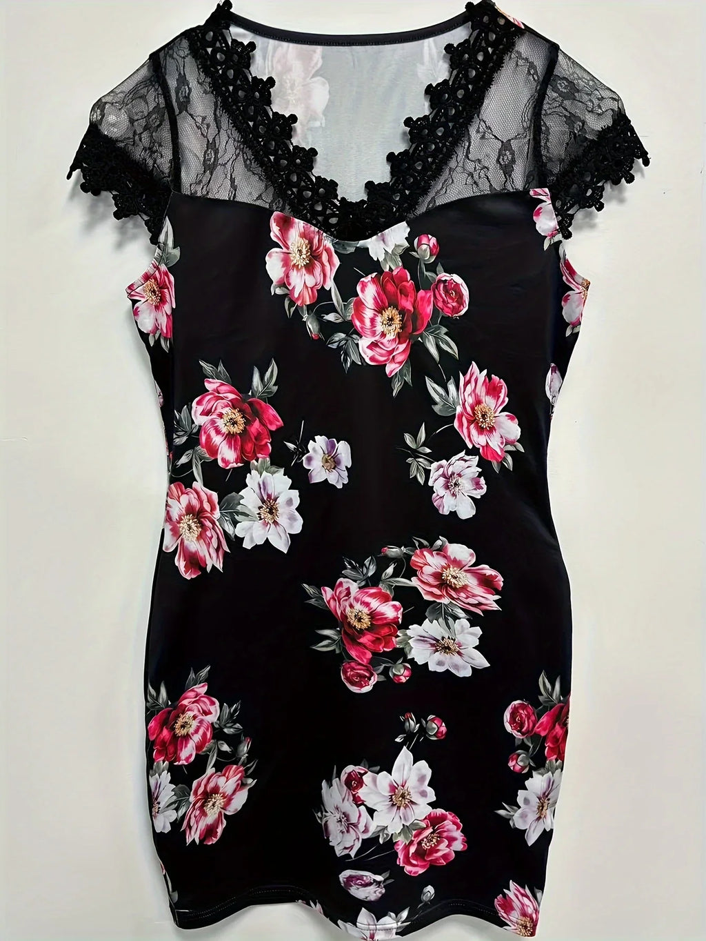 Floral Print Contrast Lace Dress, Kurzarm Elegant Bodycon Kleid - tif-shop24.de