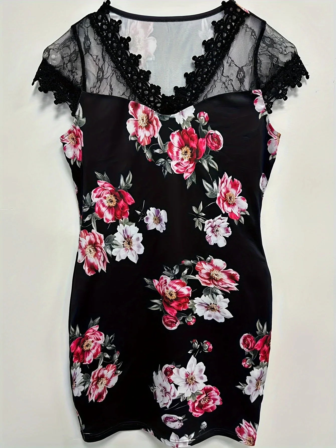Floral Print Contrast Lace Dress, Kurzarm Elegant Bodycon Kleid - tif-shop24.de