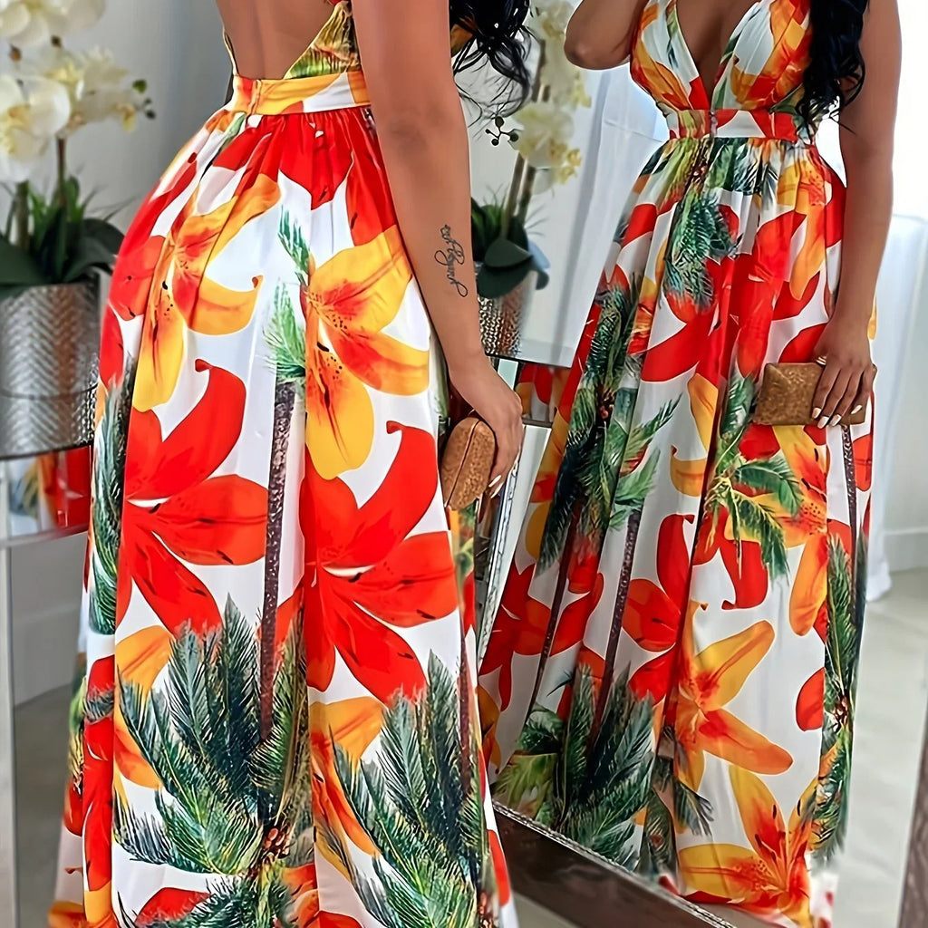 Spaghetti-Kleid mit Blumendruck, Sexy V-Ausschnitt, Rückenfreies Cami-Kleid - tif-shop24.de