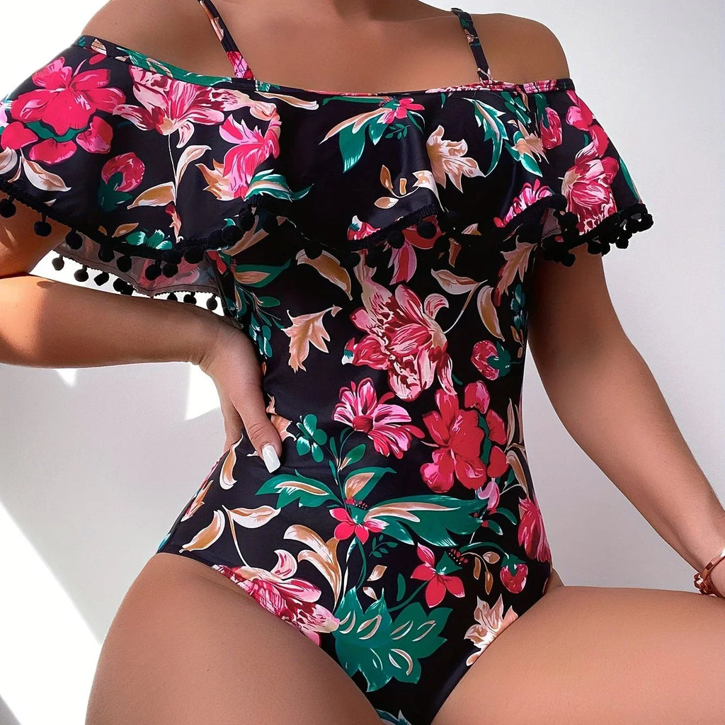 Tropical Print Einteiliger, Rüschen Saum Bauchkontrolle High Cut Badeanzüge - tif-shop24.de