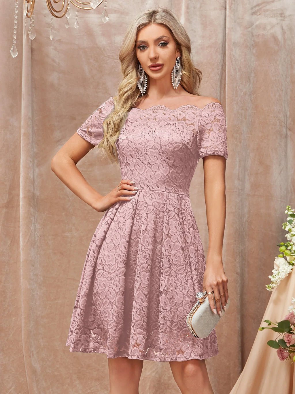 Schulterfreies Spitzen-A-Linien-Kleid, Elegantes Kurzarmkleid Für Cocktailparty - tif-shop24.de