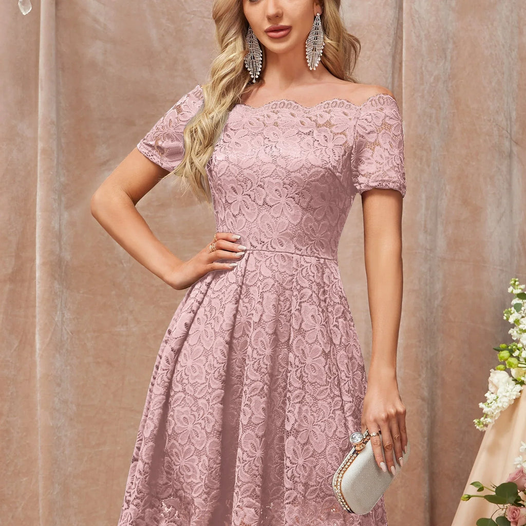 Schulterfreies Spitzen-A-Linien-Kleid, Elegantes Kurzarmkleid Für Cocktailparty - tif-shop24.de