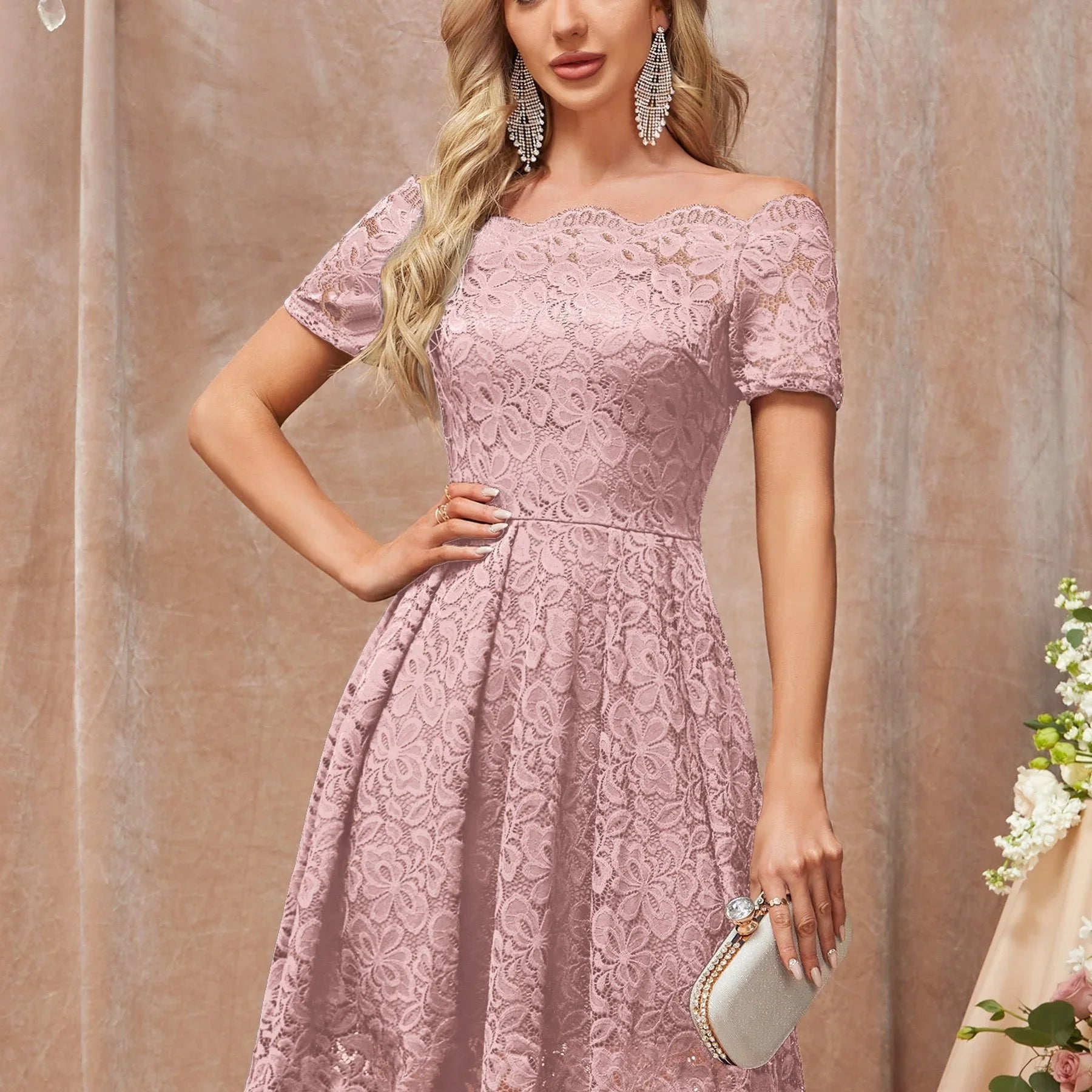 Schulterfreies Spitzen-A-Linien-Kleid, Elegantes Kurzarmkleid Für Cocktailparty - tif-shop24.de