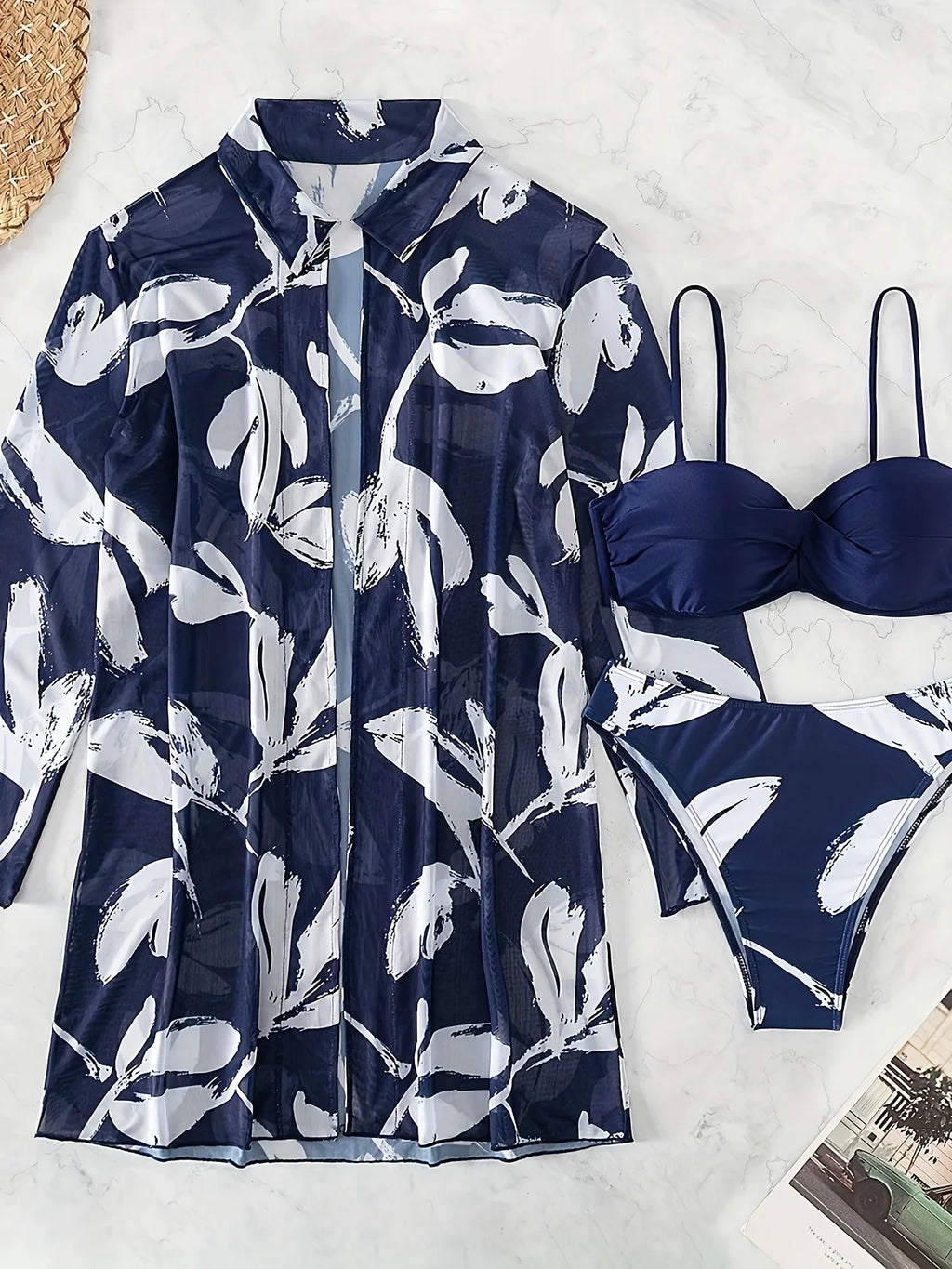 Hochelastisches 3-teiliges Set Aus Badeanzügen Mit Blattmuster Gerafftem Mit Spaghettiträgern Und Langärmliger Überdeckung Bademode - tif-shop24.de