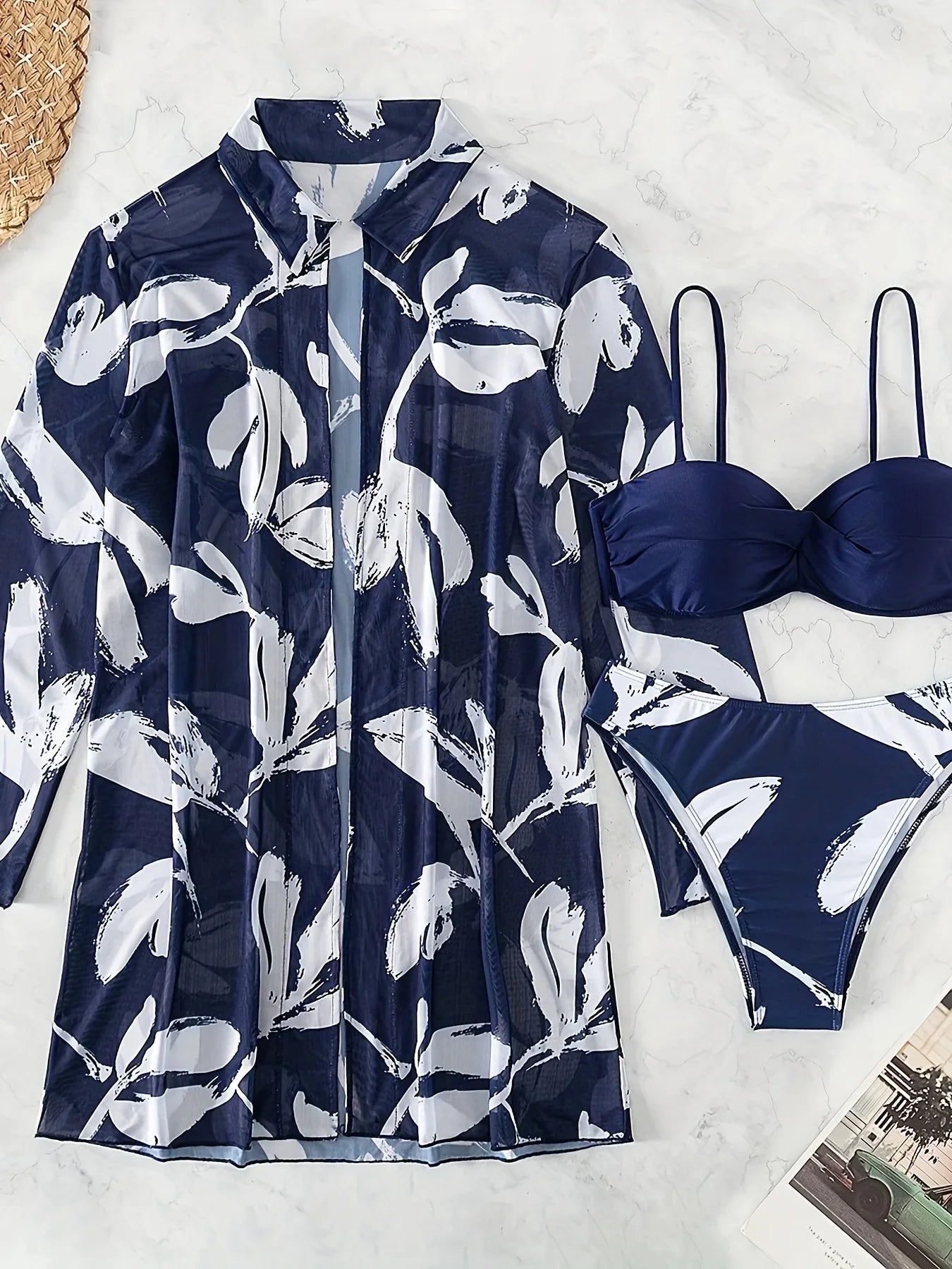 Hochelastisches 3-teiliges Set Aus Badeanzügen Mit Blattmuster Gerafftem Mit Spaghettiträgern Und Langärmliger Überdeckung Bademode - tif-shop24.de