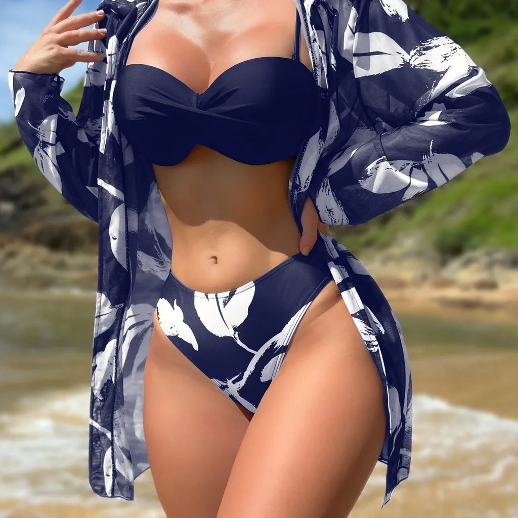 Hochelastisches 3-teiliges Set Aus Badeanzügen Mit Blattmuster Gerafftem Mit Spaghettiträgern Und Langärmliger Überdeckung Bademode - tif-shop24.de