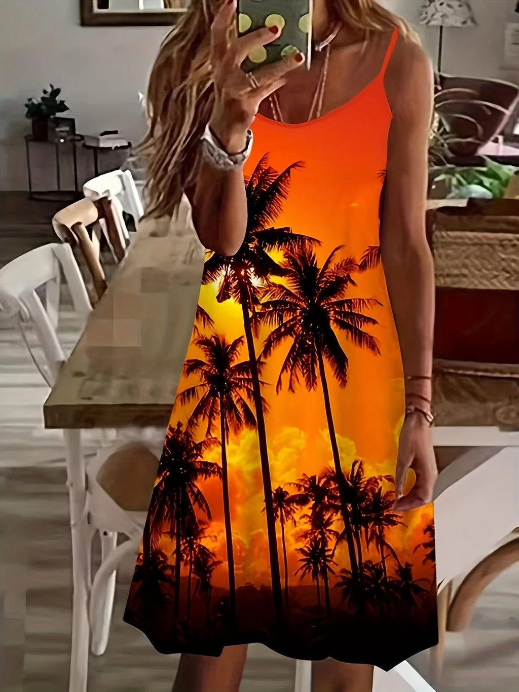 Coconut Tree Print Cami Kleid, Urlaub Ärmelloses Bequemes Kleid - tif-shop24.de